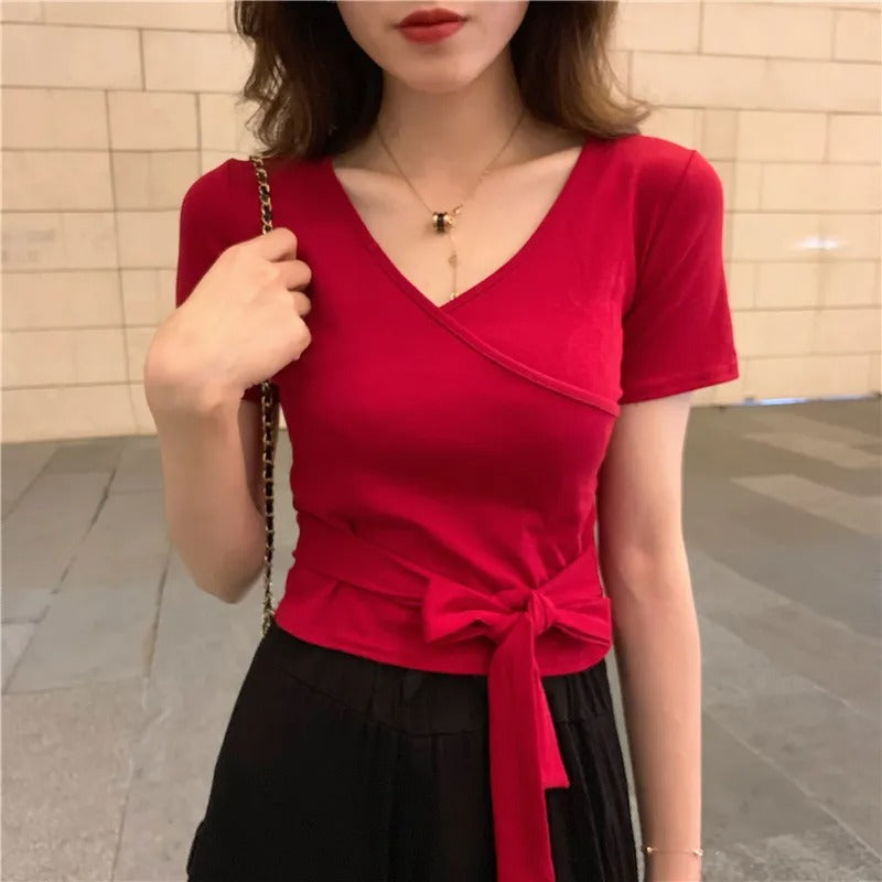 【お得】カシュクールデザイン無地半袖Tシャツウエストリボントップス