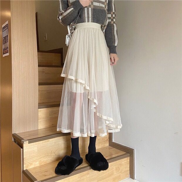 メッシュシースルー不規則Aラインスカート