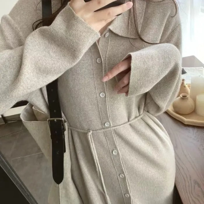 折ネックリゾートボタン付きニットワンピースデートワンピース