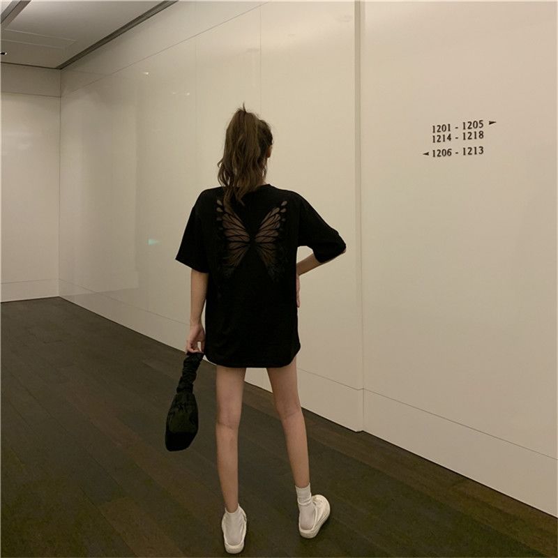 後ろ蝶々プリント透かし彫り無地半袖Tシャツトップス