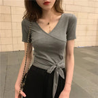 【お得】カシュクールデザイン無地半袖Tシャツウエストリボントップス