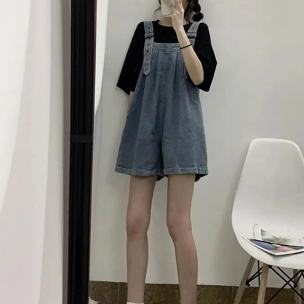 大人可愛いデニムコーデしやすいゆったり着痩せ効果ファッションワイドレッグショーツオールインワン·サロペット