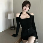 ホルターネック無地セクシーTシャツトップス