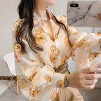 花柄シフォン長袖合わせやすいランタンスリーブゆったりファッションシャツ・ブラウストップス