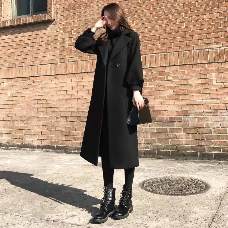 ブラック無地長袖ゆったりコーデしやすい暖かいロングコートアウター