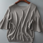 Vネックニットゆったり無地通勤フレア・スリーブ半袖カジュアルＴシャツ