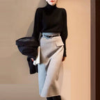 気質よいハイネック無地セーター＆2colorsスリットロングスカートセットアップ