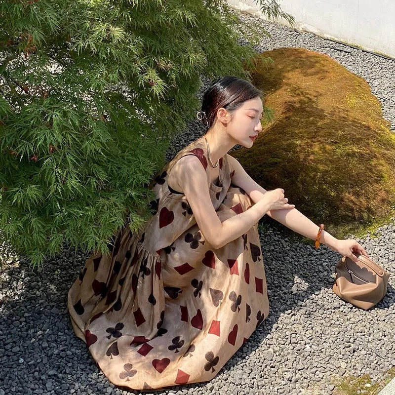 レトロポーカー花柄プリントノースリーブカジュアルワンピース体系カバーワンピースポケット付き