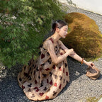 レトロポーカー花柄プリントノースリーブカジュアルワンピース体系カバーワンピースポケット付き