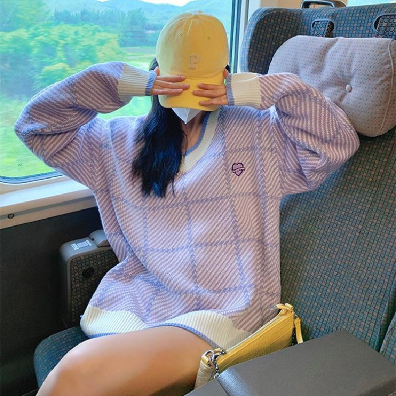 秋冬長袖チェック柄ストライプ長袖配色切り替えゆったりカジュアルコーデしやすいニットトップス