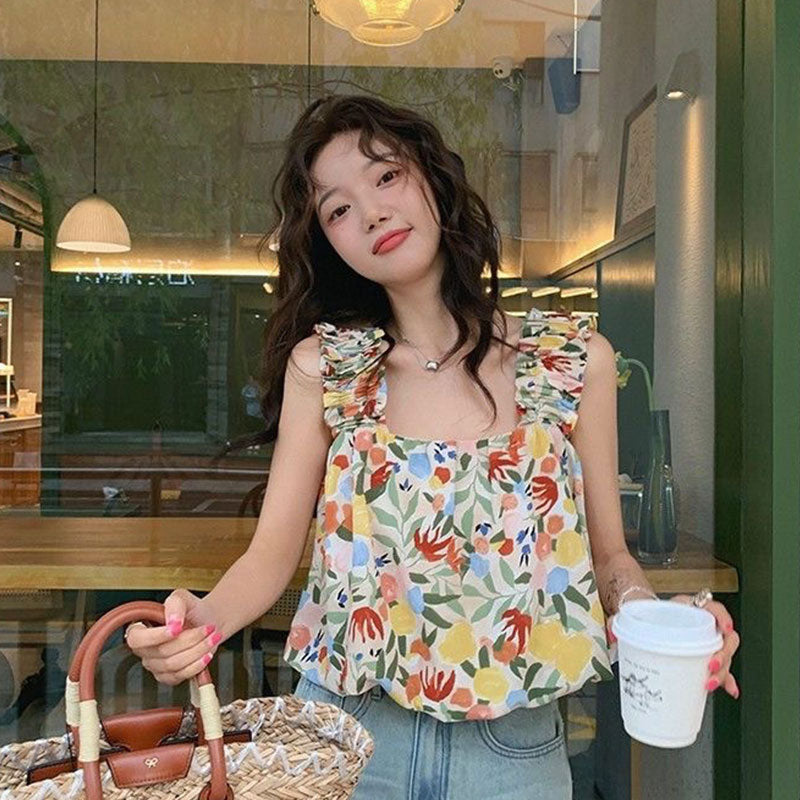 花柄ギャザーデザインベストハワイ風旅行海コーデトップス