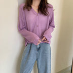 長袖ニットVネック透かし彫り日焼け止めカーディガントップス