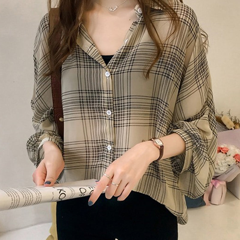 人気 長袖シンプル折襟ボタンチェック柄ブラウス