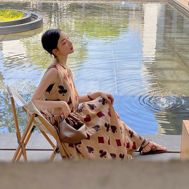 レトロポーカー花柄プリントノースリーブカジュアルワンピース体系カバーワンピースポケット付き