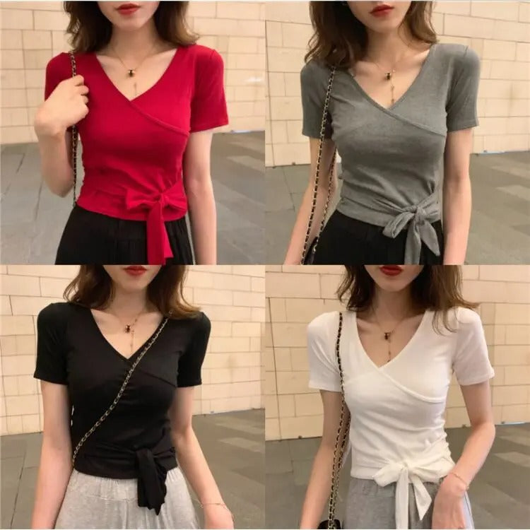 【お得】カシュクールデザイン無地半袖Tシャツウエストリボントップス