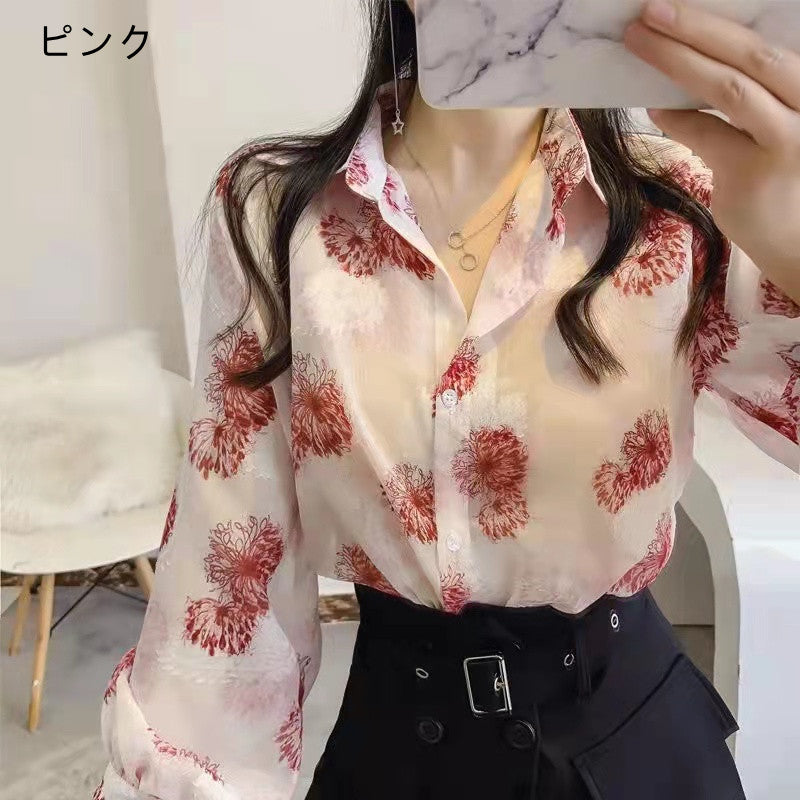花柄シフォン長袖合わせやすいランタンスリーブゆったりファッションシャツ・ブラウストップス