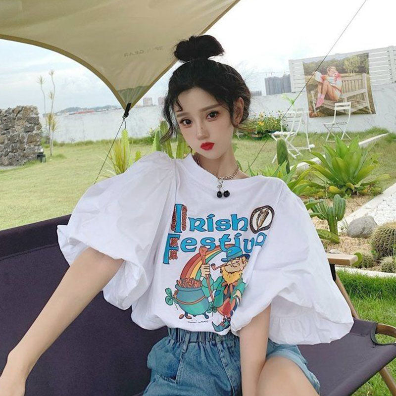 【お得】アニメプリントパフスリーブ半袖Ｔシャツトップス