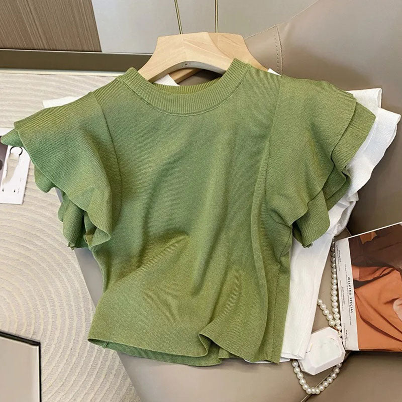 フレア裾薄ニットTシャツトップス2カラー選択
