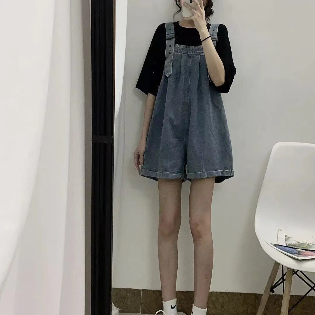 大人可愛いデニムコーデしやすいゆったり着痩せ効果ファッションワイドレッグショーツオールインワン·サロペット