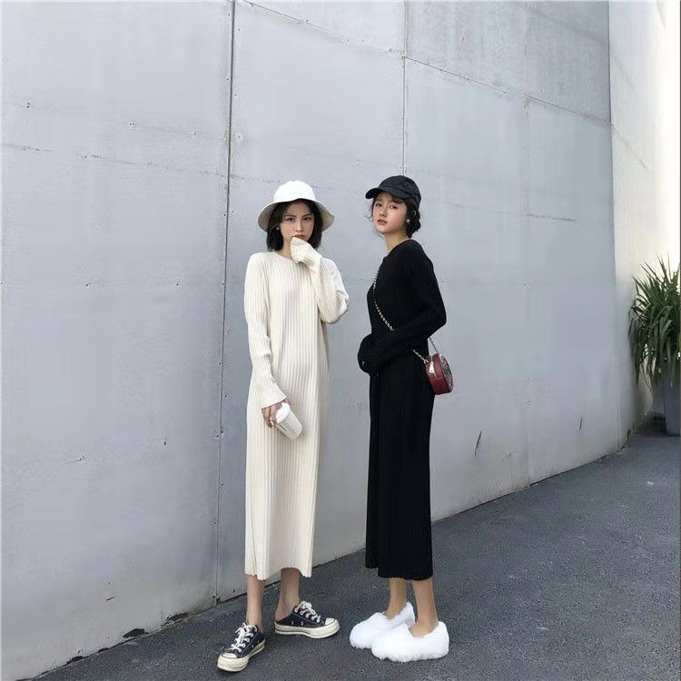 秋冬シンプル無地合わせやすい長袖ニットロングワンピース