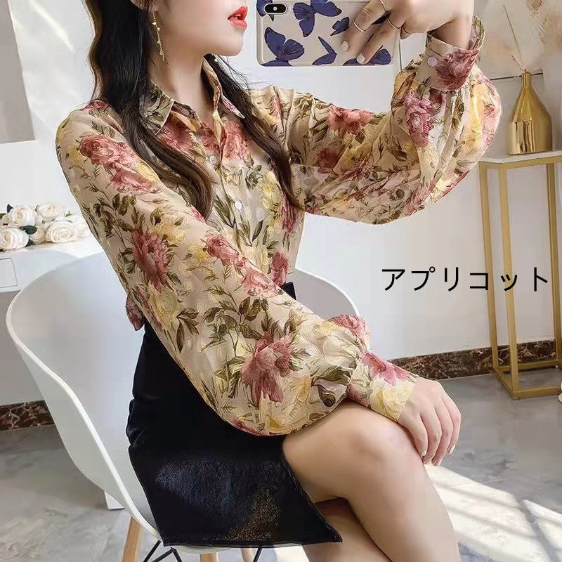 花柄シフォン長袖合わせやすいランタンスリーブゆったりファッションシャツ・ブラウストップス