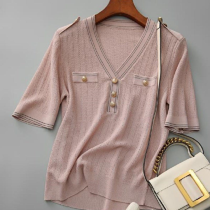 ピンク無地Vネックボタン付きエレガント気質ニットシャツ・ブラウス