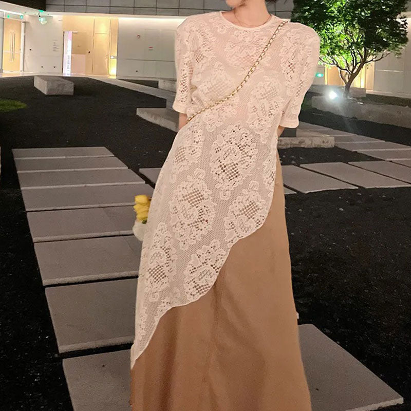 レース花柄透かし彫り不規則ロングTシャツトップス