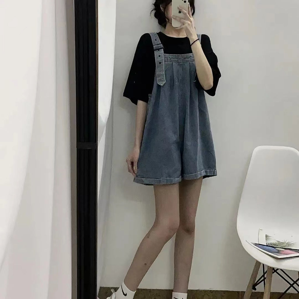 大人可愛いデニムコーデしやすいゆったり着痩せ効果ファッションワイドレッグショーツオールインワン·サロペット
