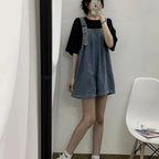 大人可愛いデニムコーデしやすいゆったり着痩せ効果ファッションワイドレッグショーツオールインワン·サロペット