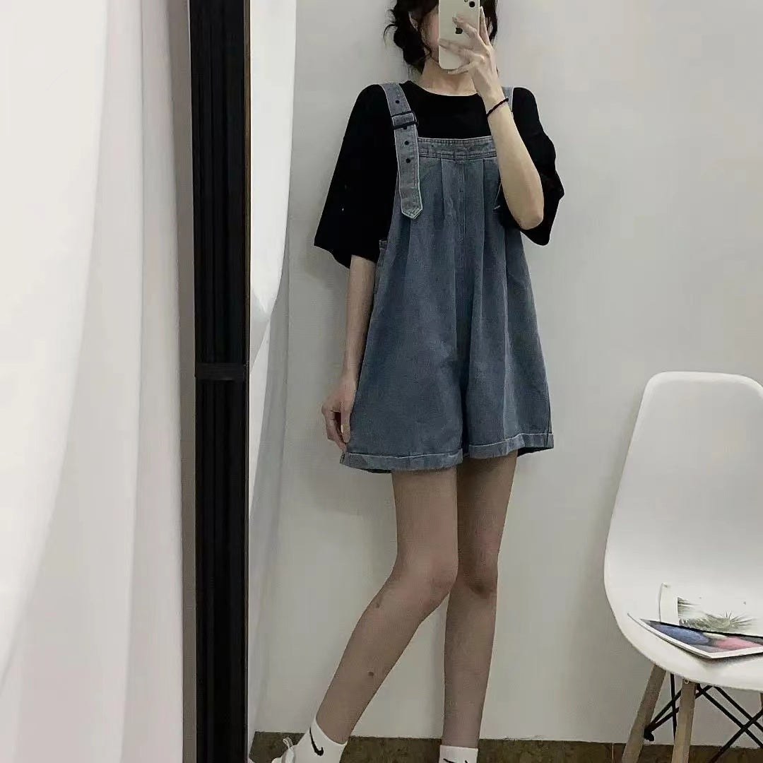大人可愛いデニムコーデしやすいゆったり着痩せ効果ファッションワイドレッグショーツオールインワン·サロペット