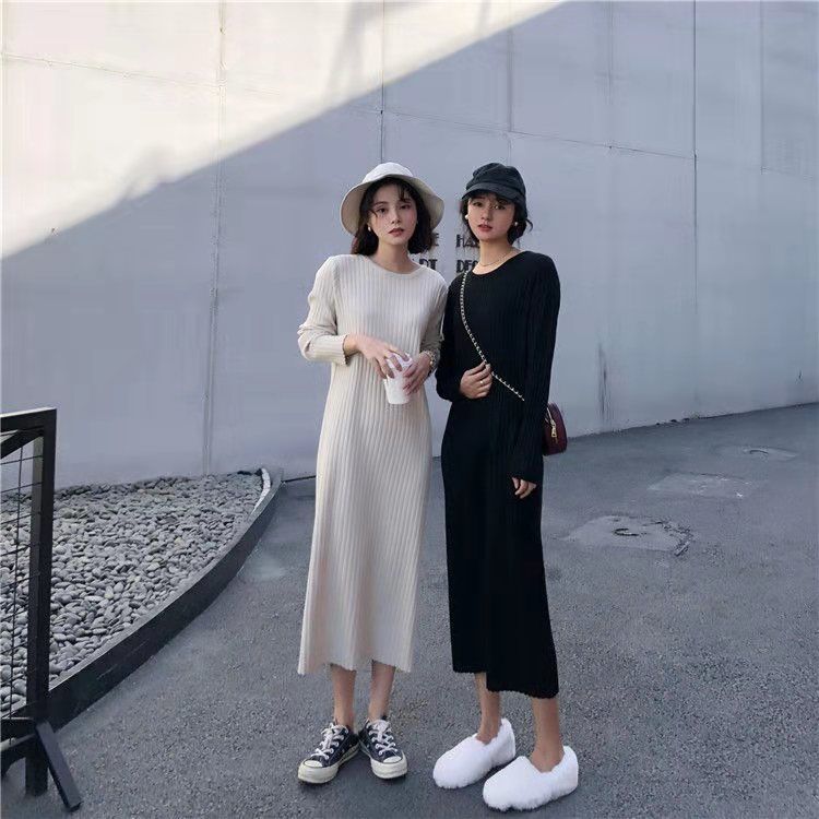 秋冬シンプル無地合わせやすい長袖ニットロングワンピース