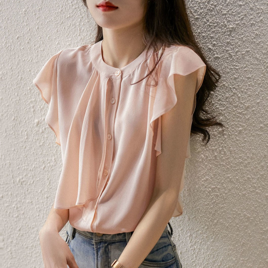 ピンク気質通勤フリル裾フレンチ袖ゆったりシフォンカジュアルシャツ・ブラウス