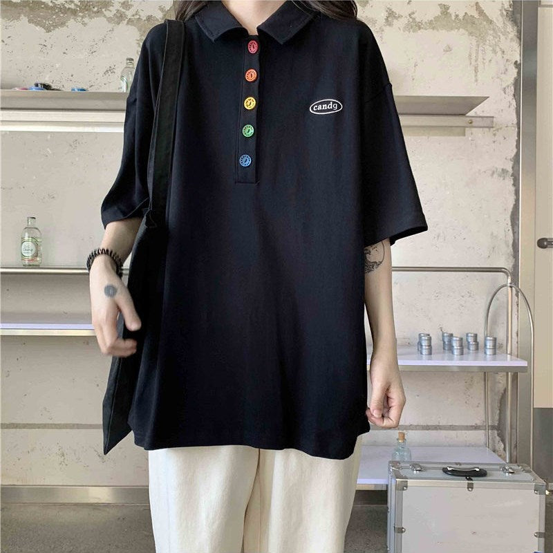 人気沸騰ボタン付き半袖Tシャツトップス
