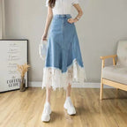 ハイウエストデニムレース切り替え不規則デザインロングAラインスカート