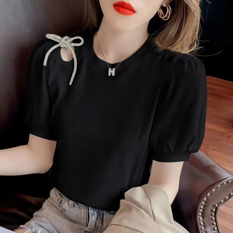 肩開き蝶結びパフスリーブTシャツトップス