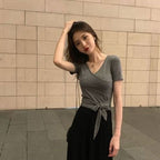 【お得】カシュクールデザイン無地半袖Tシャツウエストリボントップス
