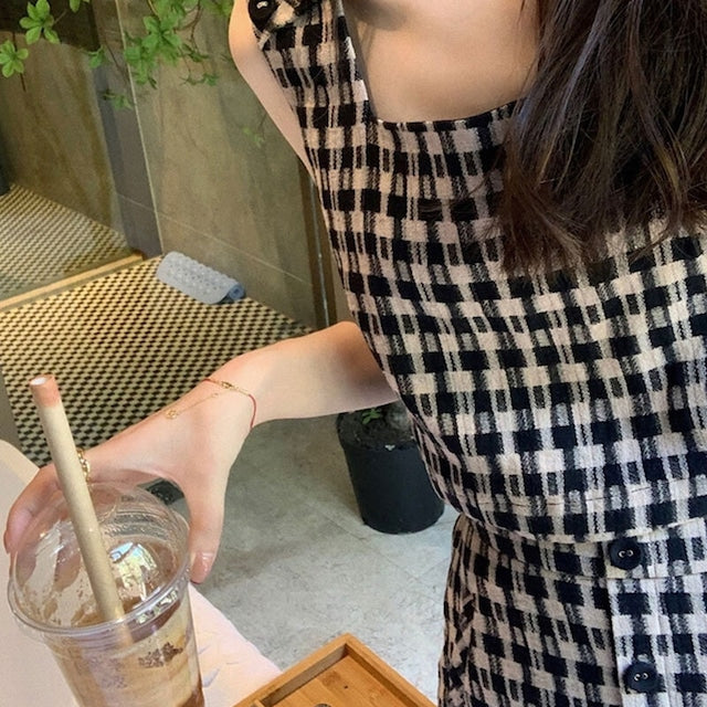 チェック柄ノースリーブベストトップス＆ショートパンツセットアップ