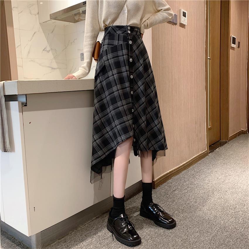 チェック柄チュール付き不規則スカート