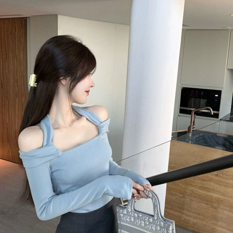 ホルターネック無地セクシーTシャツトップス