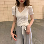 【お得】カシュクールデザイン無地半袖Tシャツウエストリボントップス