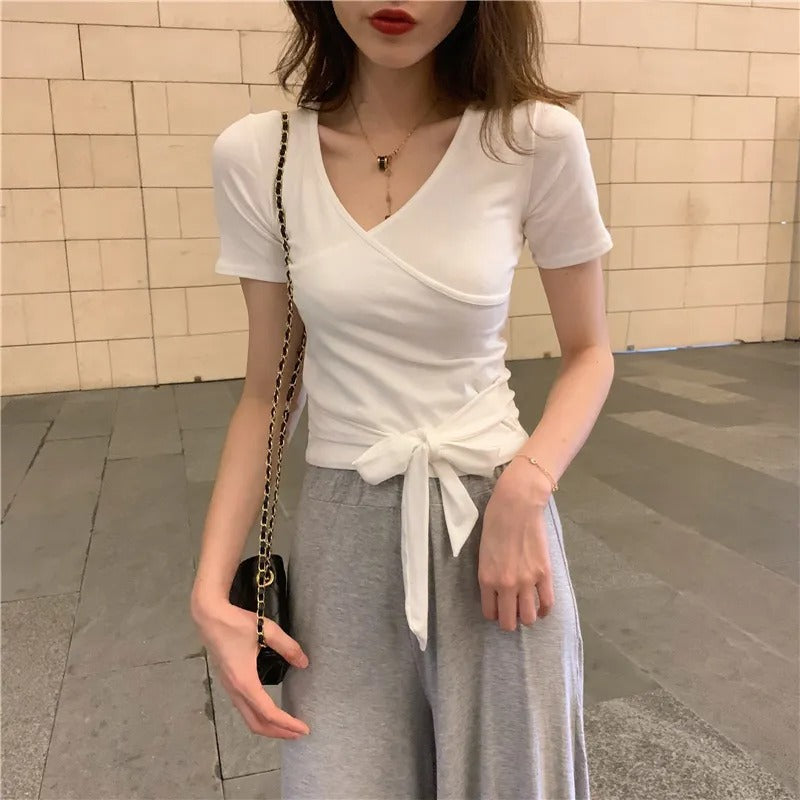 【お得】カシュクールデザイン無地半袖Tシャツウエストリボントップス