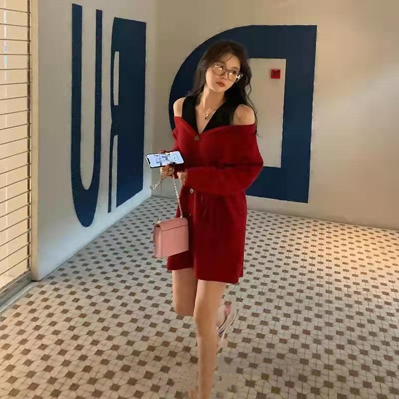 気質満点エレガント女性ファッション配色切り替えデザインスタイル長袖デートワンピース