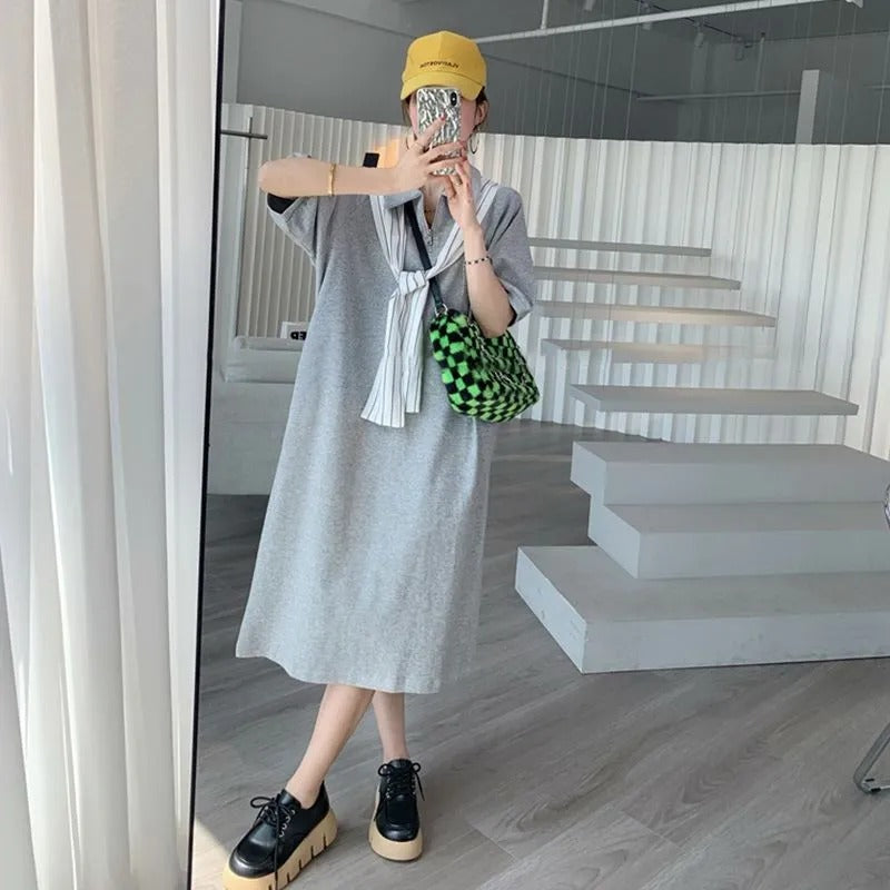 ストライプケープ切替取り外し可能半袖カジュアルワンピースTシャツワンピース