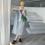ストライプケープ切替取り外し可能半袖カジュアルワンピースTシャツワンピース