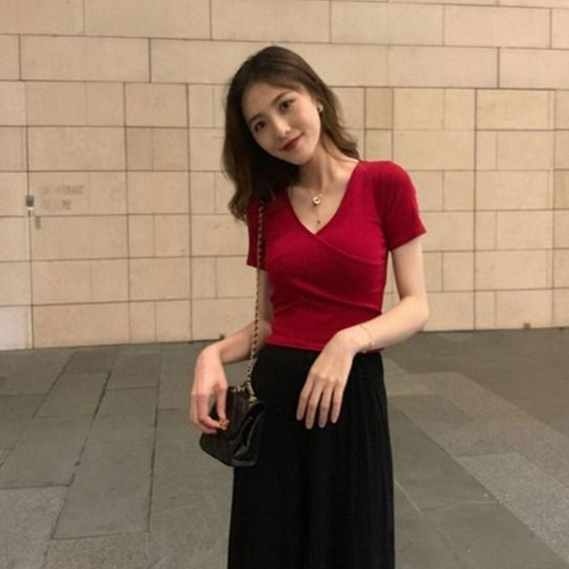 【お得】カシュクールデザイン無地半袖Tシャツウエストリボントップス