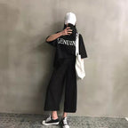 字母プリントゆったり合わせやすいTシャツ＆無地ゆったりワイドレッグパンツセットアップ