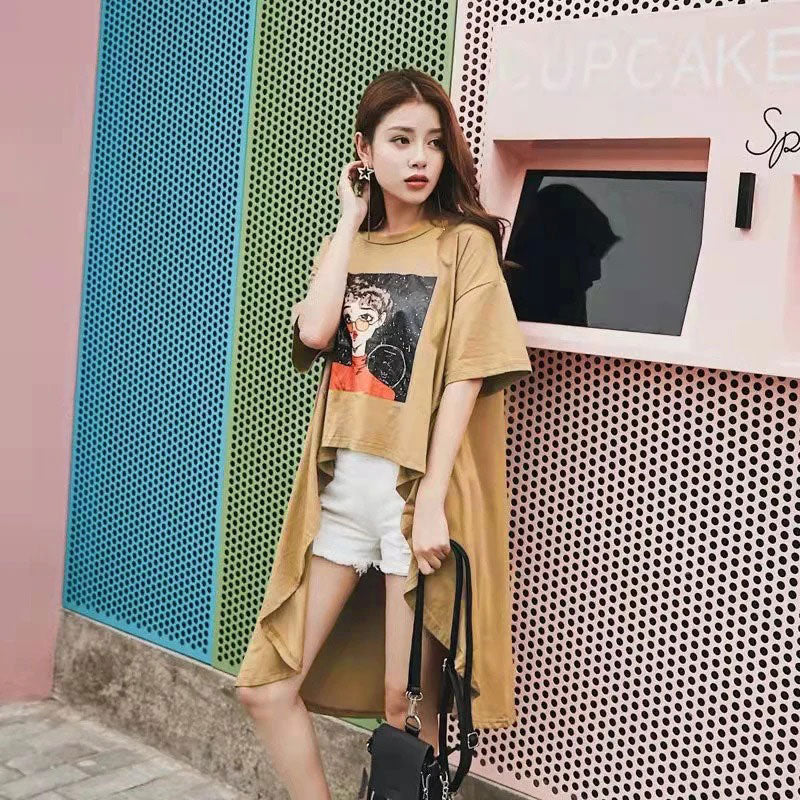 INSけだるい風レデイースファッション不規則デザイン感ゆったりコーデしやすいTシャツトップス