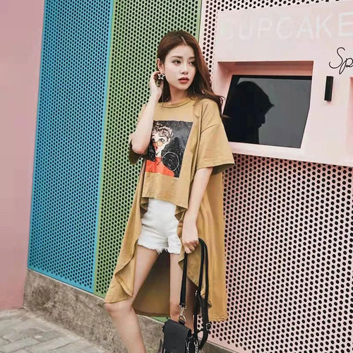 INSけだるい風レデイースファッション不規則デザイン感ゆったりコーデしやすいTシャツトップス