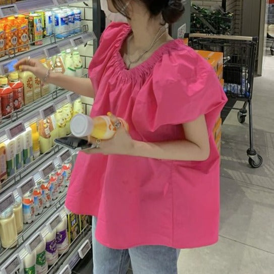 ゴムネックパフスリーブシャツトップス