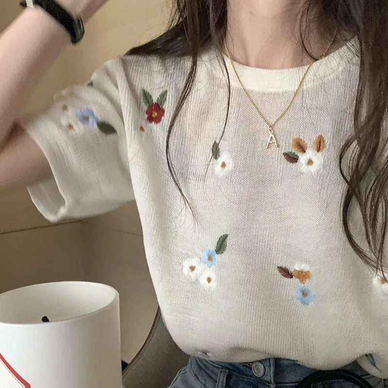 花柄シースルー薄ニット半袖トップス